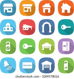 flat vector icon set - shop vector, home, mansion, house with garage, arch, key, do not distrub, fridge, bell, welcome mat, please clean