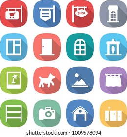 flat vector icon set - shop signboard vector, building, window, door, arch, detector, photo, dog, landscape, curtain, rack, camera, barn, clean