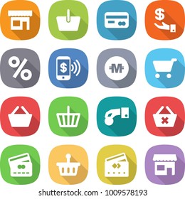 flat vector icon set - shop vector, basket, card, investment, percent, phone pay, crypto currency, cart, hand coin, delete, credit