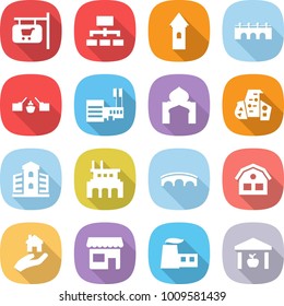 flat vector icon set - shop signboard vector, hierarchy, tower, bridge, drawbridge, mall, minaret, modern architecture, building, factory, house, real estate, warehouse