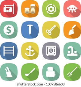 flat vector icon set - shop signboard vector, coin stack, around gear, ufo, dollar, nail, surgical clamp, construction, rack, anchor, safe, water tap, stands for knives, ladle, toaster, fork