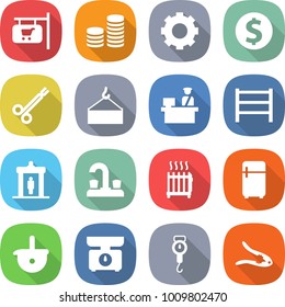flat vector icon set - shop signboard vector, coin stack, gear, dollar, surgical clamp, loading crane, customs control, rack, detector, water tap, radiator, fridge, ladle, kitchen scales, handle