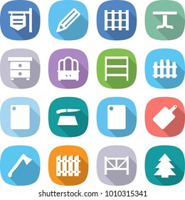 flat vector icon set - shop signboard vector, pencil, pallet, table, nightstand, dresser, rack, fence, cutting board, axe, farm, spruce