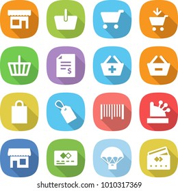flat vector icon set - shop vector, basket, cart, add to, account balance, remove from, shopping bag, label, bar code, cashbox, credit card, parachute delivery