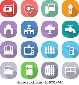 flat vector icon set - shop signboard vector, cell correction, scales weight, tower, minaret, fort, restaurant, water tap, dresser, tv, fence, mobile phone, kettle, fridge, barrel, farm