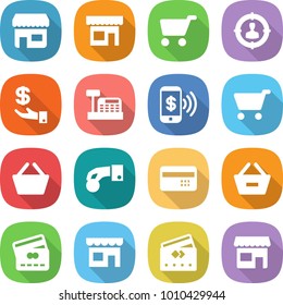flat vector icon set - shop vector, cart, target audience, investment, cashbox, phone pay, basket, hand coin, credit card, remove from