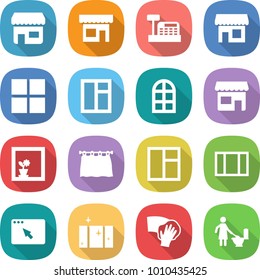 flat vector icon set - shop vector, cashbox, window, arch, flower in, curtain, browser, clean, wiping, toilet cleaning