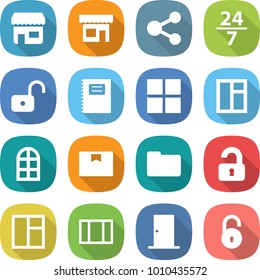 flat vector icon set - shop vector, share, 24 7, unlock, copybook, window, arch, package box, documents, unlocked, door