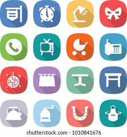 flat vector icon set - shop signboard vector, alarm clock, table lamp, bow, phone, tv, baby stroller, disco ball, curtain, stool, kettle, hand mill, horseshoe, apron