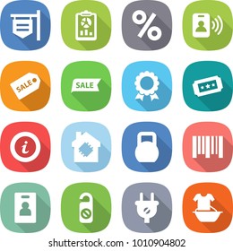 flat vector icon set - shop signboard vector, report, percent, pass card, sale label, medal, ticket, info, smart house, heavy, bar code, identity, do not distrub, plug, handle washing