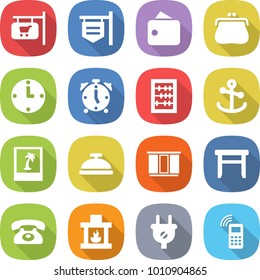 flat vector icon set - shop signboard vector, wallet, purse, clock, alarm, abacus, anchor, photo, service bell, wardrobe, stool, phone, fireplace, plug, mobile