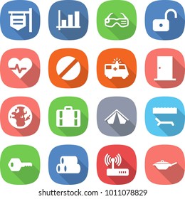 flat vector icon set - shop signboard vector, graph, smart glasses, unlock, heart pulse, pill, ambulance car, door, globe, suitcase, tent, lounger, key, pipes, router, pan