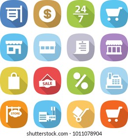 flat vector icon set - shop signboard vector, dollar, 24 7, cart, market, shopping list, bag, sale, percent, cashbox, store, mall, trolley