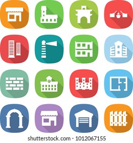 flat vector icon set - shop vector, mansion, arch, drawbridge, skyscrapers, lighthouse, modular house, building, brick wall, university, palace, plan, garage, fence