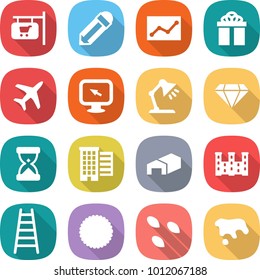 flat vector icon set - shop signboard vector, pencil, statistics, gift, plane, monitor arrow, table lamp, diamond, sand clock, houses, warehouse, palace, ladder, cookies, seeds, spot