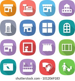 flat vector icon set - shop vector, cashbox, cottage, building, window, arch, flower in, curtain, browser, skysrcapers cleaning, wiping, toilet