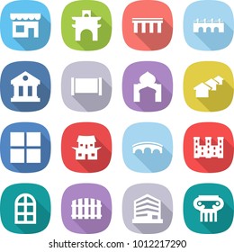 flat vector icon set - shop vector, arch, bridge, library, fence, minaret, houses, window, japanese house, palace, office, antique column