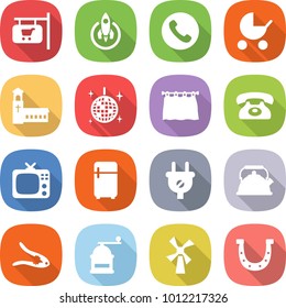 flat vector icon set - shop signboard vector, rocket, phone, baby stroller, church, disco ball, curtain, tv, fridge, plug, kettle, walnut crack, hand mill, windmill, horseshoe