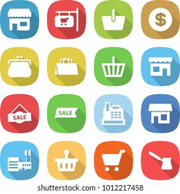 flat vector icon set - shop vector, signboard, basket, dollar, purse, shopping bag, sale, cashbox, mall, cart, turk