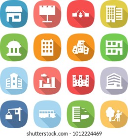 flat vector icon set - shop vector, billboard, drawbridge, houses, goverment house, building, modern architecture, modular, city, palace, office, loading, bus, hotel, garden cleaning