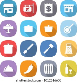flat vector icon set - shop vector, signboard, receipt, restaurant, pan, big spoon, meat hammer, grater, meal cap, hot pepper, barrel, wine