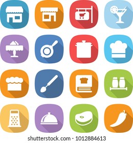 flat vector icon set - shop vector, signboard, cocktail, restaurant, pan, cook hat, chief, big spoon, cooking book, salt pepper, grater, meal cap, steake, hot