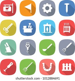 flat vector icon set - shop signboard vector, flag, gear, nail, surgical clamp, customs control, detector, radiator, stands for knives, handle scales, ladle, big fork, blender, horseshoe