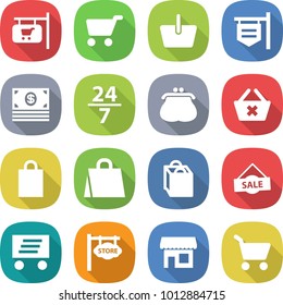 flat vector icon set - shop signboard vector, cart, basket, money, 24 7, purse, delete, shopping bag, sale, delivery, store