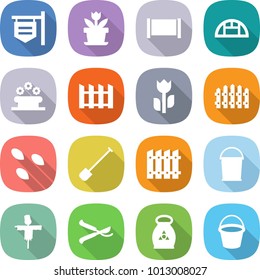 flat vector icon set - shop signboard vector, flower, fence, greenhouse, bed, perishable, seeds, shovel, bucket, scarecrow, pruner, fertilizer