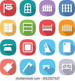 flat vector icon set - shop signboard vector, arch window, fence, pallet, chest of drawers, rack, crib, cutting board, knife holder, axe, trailer, farm