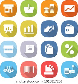 flat vector icon set - shop vector, basket, coin stack, statistics, presentation, graph up, down arrow, wallet, market, shopping list, bag, percent, sale, bar code, cashbox, mall
