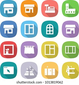 flat vector icon set - shop vector, cashbox, mansion, window, arch, flower in, curtain, browser, clean floor, skyscrapers cleaning