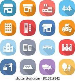flat vector icon set - shop vector, store, bridge, building, skyscrapers, modern architecture, district, palace, loading, taxi, sweeper, garden cleaning
