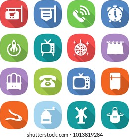 flat vector icon set - shop signboard vector, call, alarm clock, rocket, tv, disco ball, curtain, dresser, phone, fridge, walnut crack, hand mill, windmill, apron