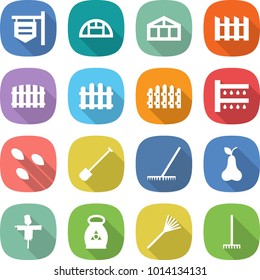 flat vector icon set - shop signboard vector, greenhouse, fence, watering, seeds, shovel, rake, pear, scarecrow, fertilizer