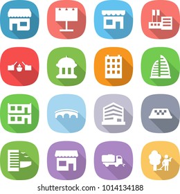 flat vector icon set - shop vector, billboard, store, drawbridge, goverment house, building, skyscraper, modular, bridge, office, taxi, hotel, sweeper, garden cleaning