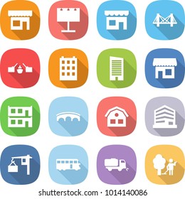 flat vector icon set - shop vector, billboard, bridge, drawbridge, building, skyscraper, modular house, office, loading, bus, sweeper, garden cleaning
