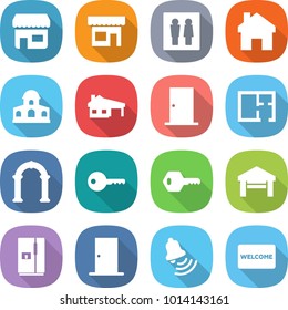 flat vector icon set - shop vector, wc, home, mansion, house with garage, door, plan, arch, key, fridge, bell, welcome mat
