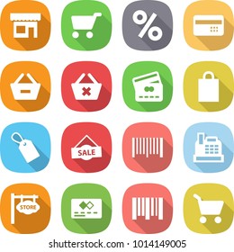 flat vector icon set - shop vector, cart, percent, credit card, remove from basket, delete, shopping bag, label, sale, bar code, cashbox, store signboard