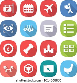 flat vector icon set - shop signboard vector, calendar, plane, courier, eye identity, sale, atm receipt, list, info, bone, castle, panel house, palm hammock, 3d, browser window, chicken