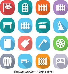 flat vector icon set - shop signboard vector, arch window, fence, table, cutting board, knife holder, axe, wheel, barrel, trailer, farm