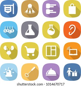 flat vector icon set - shop signboard vector, share, diagram, shopping bag, sale, flask, ear, kidneys, cart, window, laptop wifi, siren, whisk, meal cap, kitchen cleaning