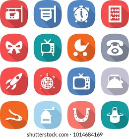 flat vector icon set - shop signboard vector, alarm clock, abacus, bow, tv, baby stroller, phone, rocket, disco ball, kettle, walnut crack, hand mill, horseshoe, apron