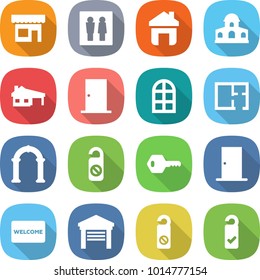 flat vector icon set - shop vector, wc, home, mansion, house with garage, door, arch window, plan, do not distrub, key, welcome mat, please clean