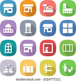 flat vector icon set - shop vector, cashbox, mansion, cottage, building, window, arch, flower in, clean floor, skyscrapers cleaning, toilet