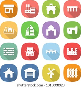 flat vector icon set - shop vector, store, arch, bridge, project, skyscraper, minaret, slum, brick wall, japanese house, palace, bungalow, garage, windmill, fence