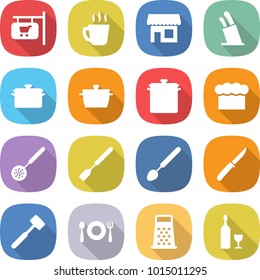 flat vector icon set - shop signboard vector, hot drink, stands for knives, pan, chief hat, skimmer, spatula, big spoon, knife, meat hammer, fork plate, grater, wine