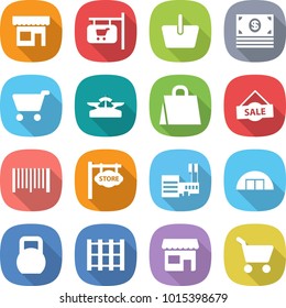 flat vector icon set - shop vector, signboard, basket, money, cart, scales, shopping bag, sale, bar code, store, mall, hangare, heavy, pallet