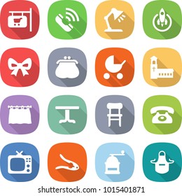 flat vector icon set - shop signboard vector, call, table lamp, rocket, bow, purse, baby stroller, church, curtain, chair, phone, tv, walnut crack, hand mill, apron