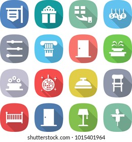 flat vector icon set - shop signboard vector, gift, sale, equalizer, column, door, fountain, flower bed, disco ball, service bell, chair, crib, floor lamp, scarecrow